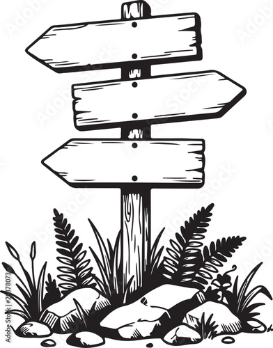 Wooden Signpost, Directional Signs, Black and White Illustration, Vintage Style isolated on Transparent Background