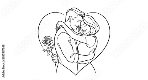 Foto Elegant romantic couple heart silhouette with hidden rose line art vector illust