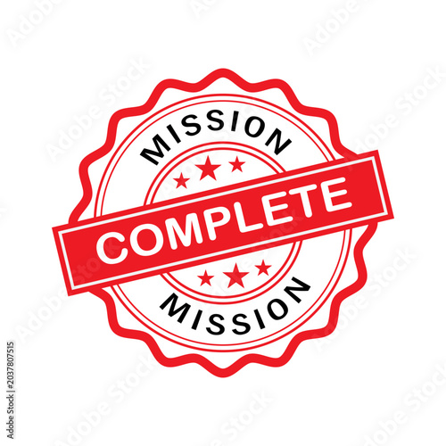 Mission Complete Badge Seal with Stars and Red Border stamp star accomplished achievement success completed task. Resizable and editable, EPS 10.