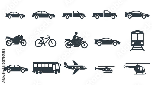 Foto Vector Icon Sheet featuring various transportation modes and vehicles