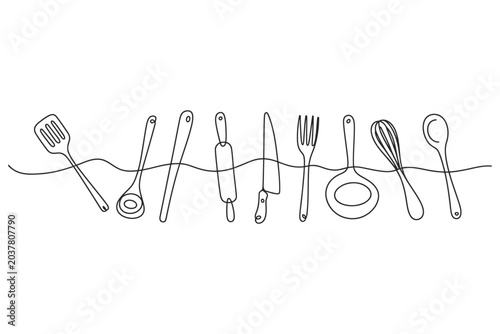 Quadro su tela Kitchen utensils set one line drawing illustration with utensils continuous culi