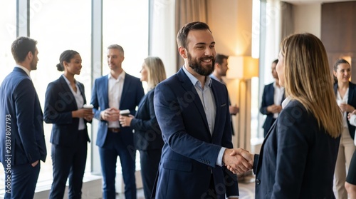 Inclusive Diverse Business Professionals Handshaking and Networking at Elegant Corporate Conference Reception