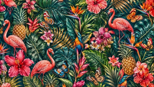 Foto Vibrant Tropical Flamingo Jungle Floral Pattern Background