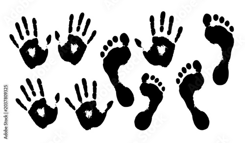Cuadro en lienzo Distressed black hand and foot print stamp vector graphic collection