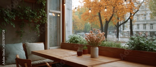Cozy Cafe Interior With Autumn Foliage And City View In Soft Daylight