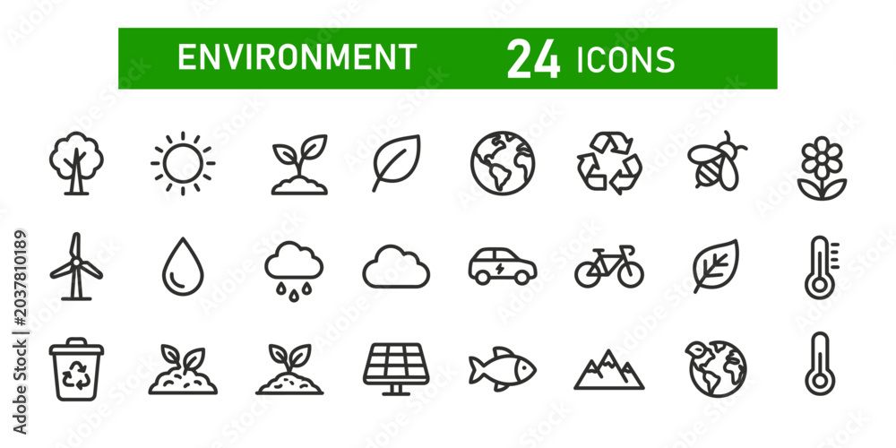 Fototapeta premium Environment and ecology line icon set 24 green energy and nature vector symbols