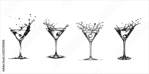 Illustration of four martini glasses with splashing liquid  drinking glasses  party