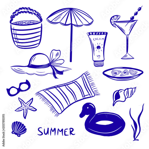Line art vector set of beach accessories with 