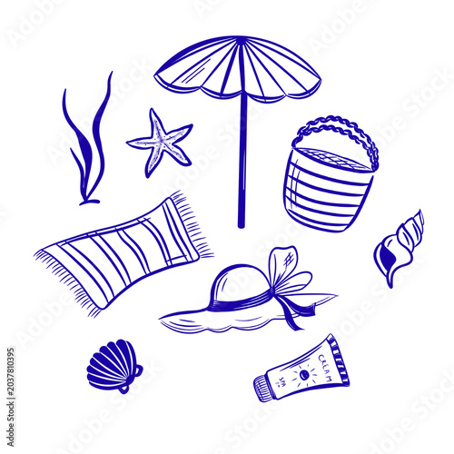  A blue line art  clipart combining various beach accessories, a sun hat, a beach umbrella, and seashells isolated on a white background. This illustration is drawn in a doodle style, making 