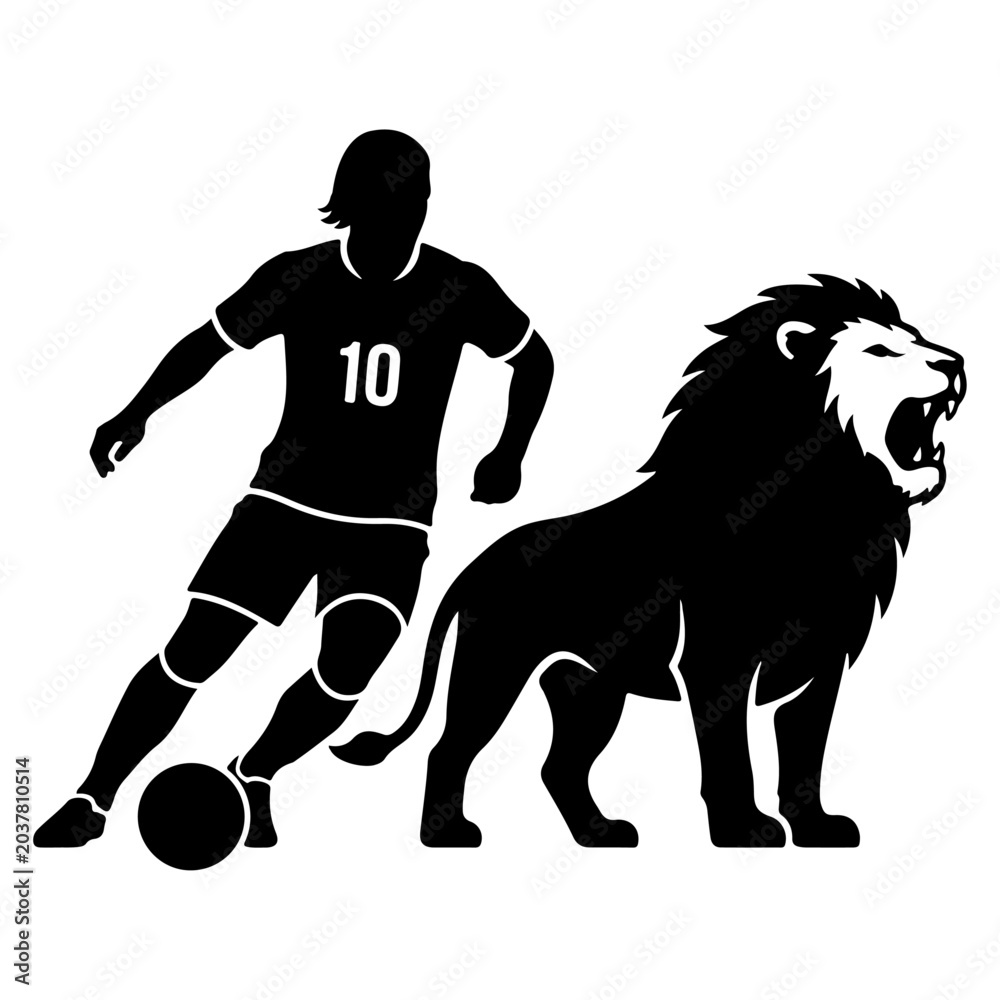 Fototapeta premium Silhouette of a soccer player dribbling a ball next to a roaring lion