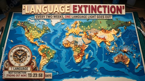 A handcrafted paper world map serves as a poignant visual metaphor for global language extinction, where flickering lights represent dying tongues as a clock marks the loss of heritage.