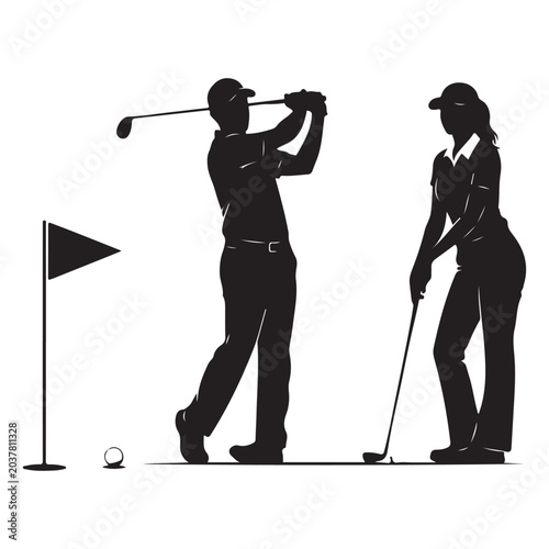 Golf player silhouettes featuring man swinging club and woman standing with golf equipment vector illustration