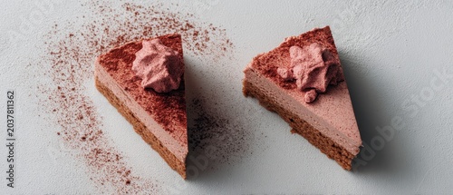 Two Slices Of Chocolate Mousse Cake With Cocoa Powder Sprinkled On A Grey Textured Surface