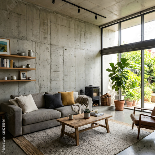 Modern living room with concrete wall 