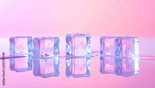 Four Ice Cubes Melting on a Pink Surface