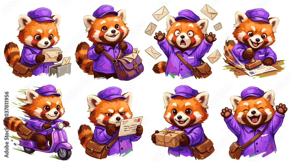 Fototapeta premium A collection of eight adorable red panda illustrations, each depicting the cute animal in various postal worker scenarios, including riding a scooter, delivering mail, and holding packages.
