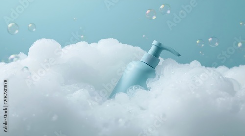 Blue Soap Dispenser Surrounded by Fluffy White Foam and Bubbles.