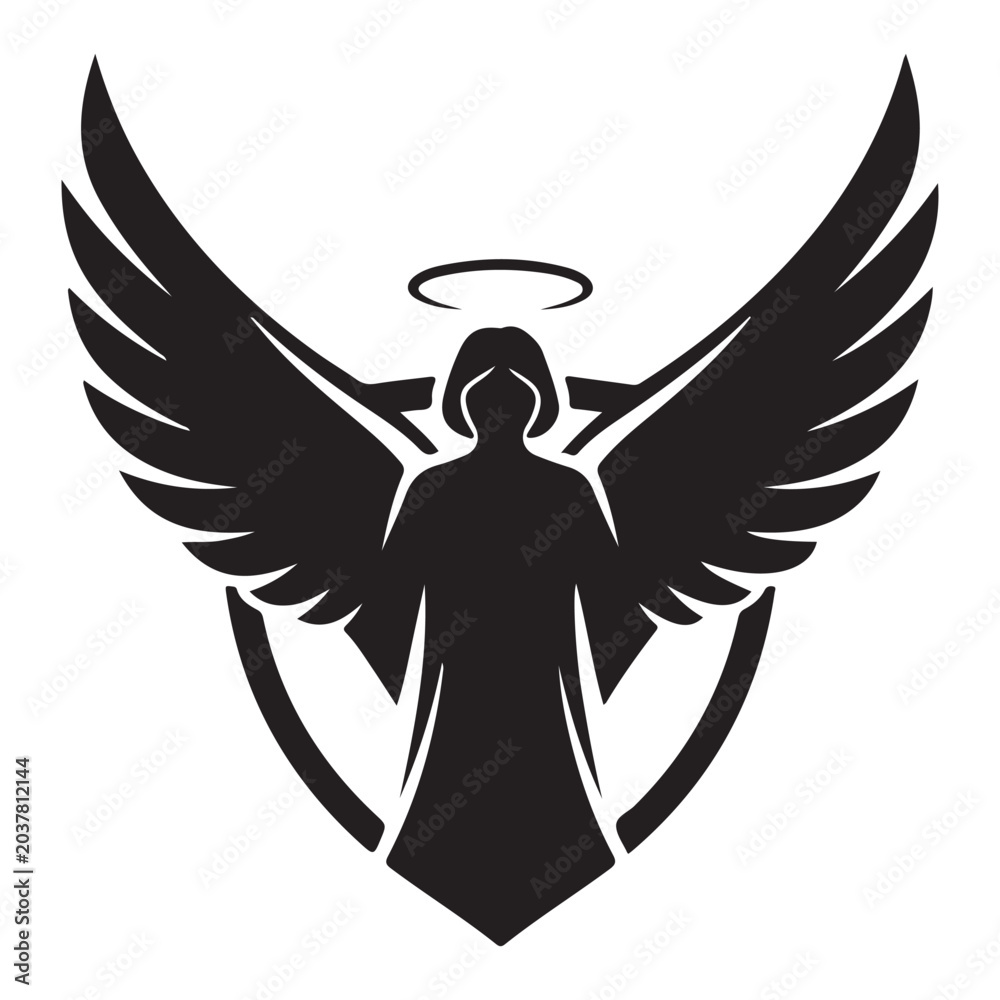 Obraz premium Angel silhouette with spread wings and halo vector icon for spiritual religious or memorial design