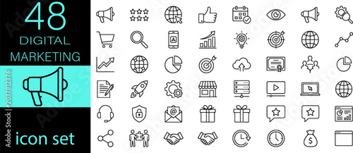 Digital marketing and social media minimal line icon set, business seo optimization and online advertising symbols vector