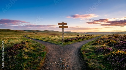 Fork in dirt path with signpost in rolling landscape at sunset, choice concept.