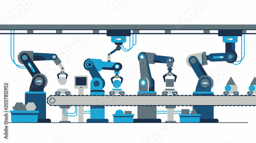 Manufacturing Assembly Line with Robotic Arms Placing Geometric Components