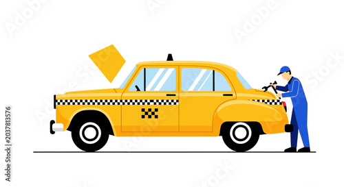 Bild auf Leinwand Taxi driver loading luggage into vintage yellow car trunk, isolated on white