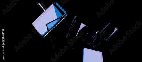 Foto Abstract 3D render of floating refractive glass shapes on black background