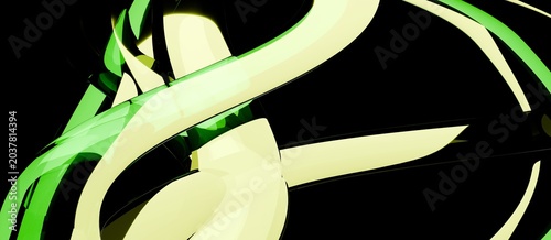 Photos Abstract 3D render with glowing green and yellow refractive glass curves