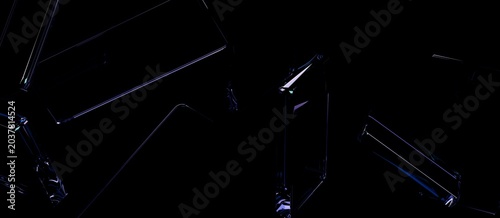 Photos Abstract 3D render of floating refractive glass rectangles on black background