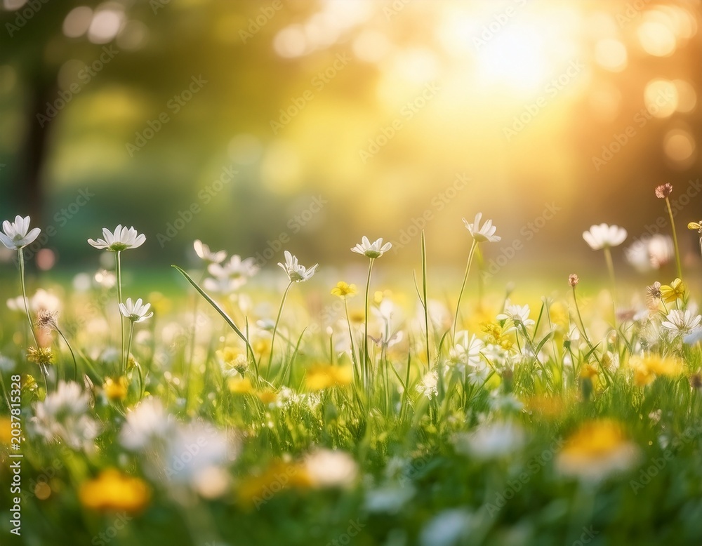 Obraz premium spring meadow with blooming flowers blur background soft focus