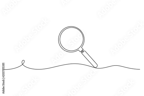 Single continuous line drawing of magnifying glass with on wavy line magnifying continuous minimalist investigation analysis magnifier research discovery detective technology abstract