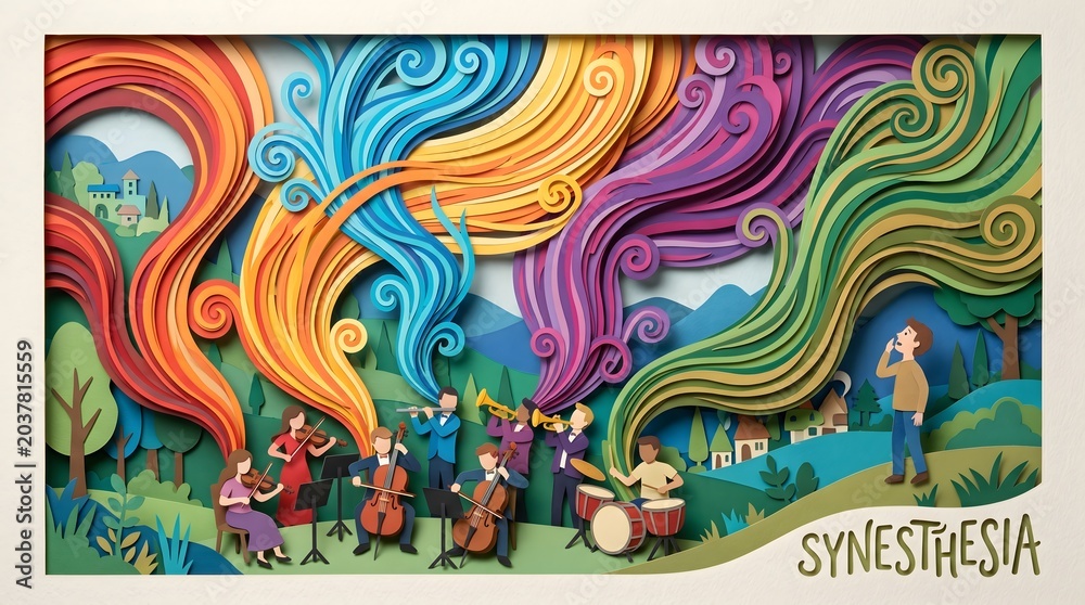 Obraz premium A vibrant paper-cut illustration where an orchestra's music blooms into a swirling aurora of color, capturing the profound sensory intersection and auditory harmony of synesthesia.