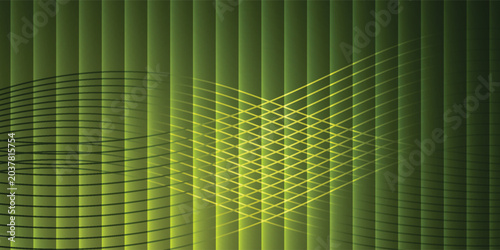 Tableau sur toile Dynamic interplay of radiant yellow grids and flowing waves against a verdant ri