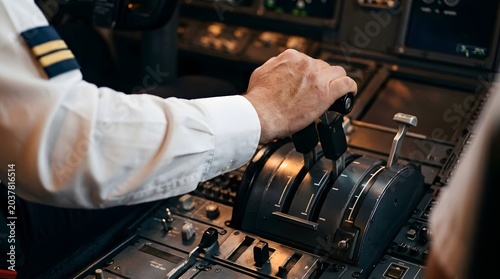 Pilot hand firmly grips the black metallic throttle levers while navigating a commercial aircraft cockpit during a nighttime flight.