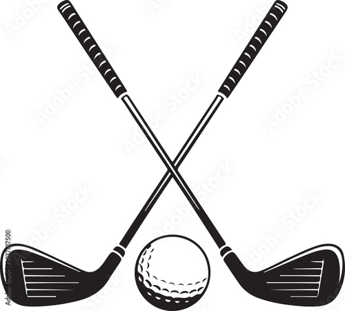 Two crossed golf clubs with a golf ball