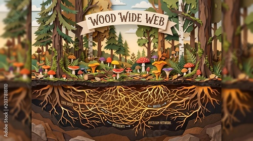 A vivid paper-cut forest cross-section depicting the Wood Wide Web, where a subterranean tapestry of mycelium threads weaves a secret network of nutrient exchange between ancient tree roots.