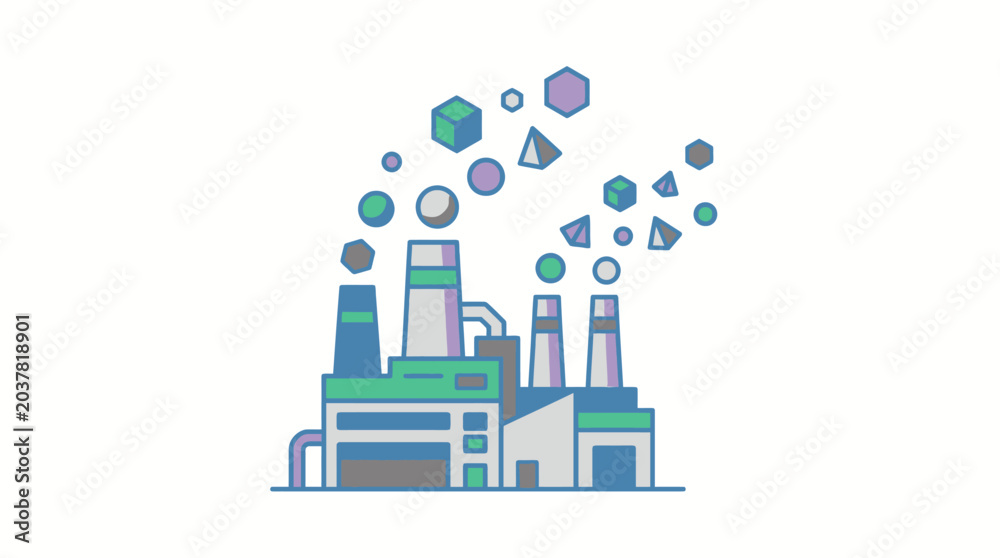 Naklejka premium Factory Emitting Floating Geometric Shapes Instead of Smoke, Creative Industry Flat Vector Illustration.