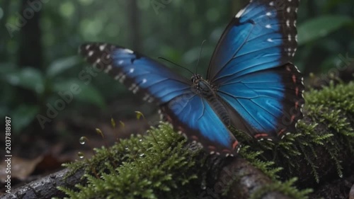 Blue butterfly sitting on mossy log in lush green forest  