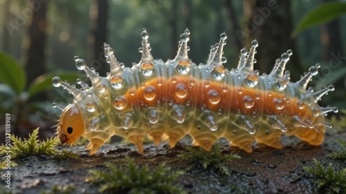 Colorful caterpillar with dew drops on forest floor in morning light  