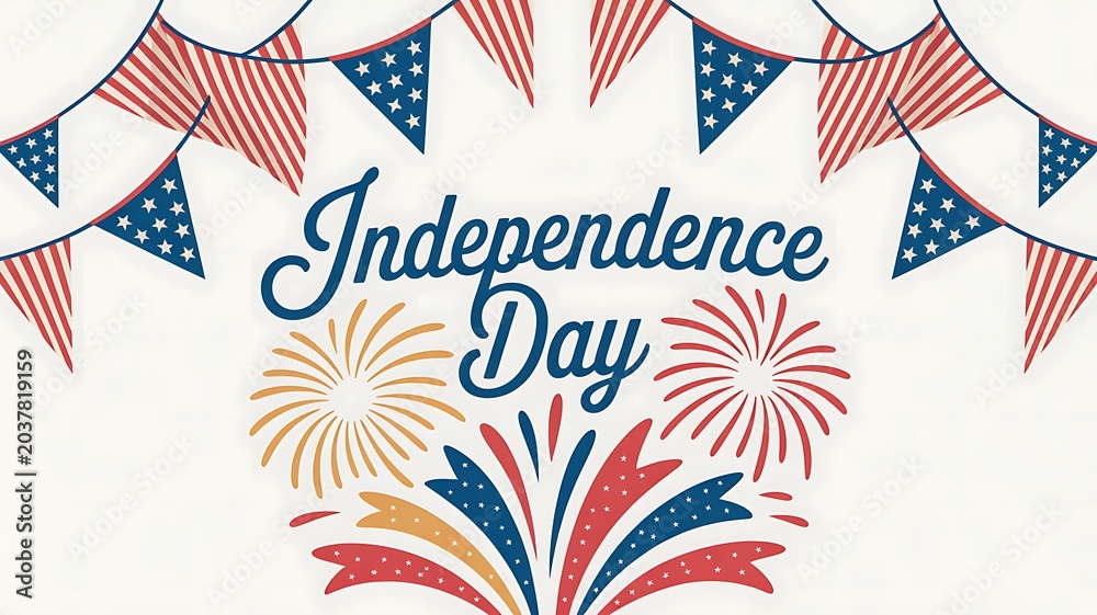 Obraz premium Independence Day celebration with bunting flags fireworks and script text on a white background Keywords: Independence Day, 4th of July, USA, United States, celebration, holiday, patriotism