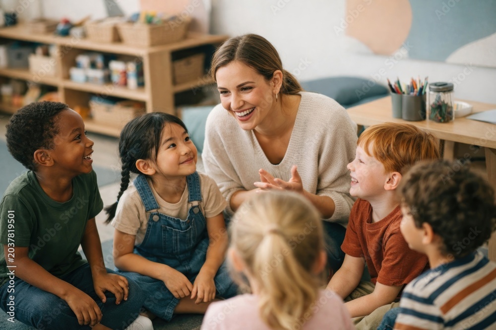Fototapeta premium Happy teacher with diverse children