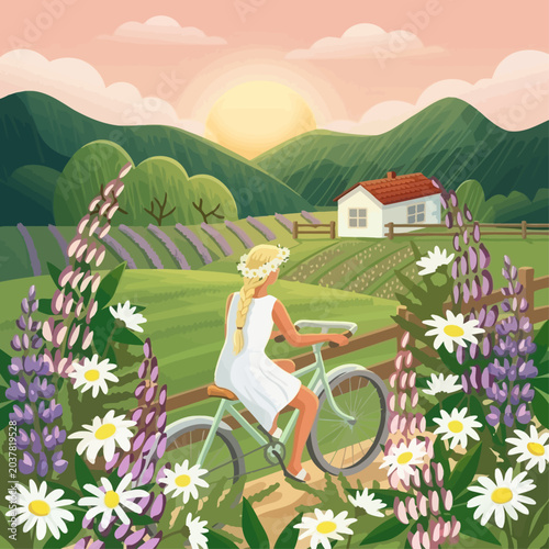Fotografía Woman rides bicycle through vibrant flower field towards rural house at sunset
