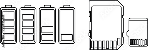 Foto Battery charge levels and SD memory cards line icons set for technology hardware