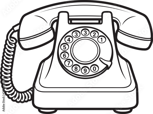 Obraz na plátně Vintage Rotary Phone, Black Line Art, Telephone Illustration, Retro Communicatio