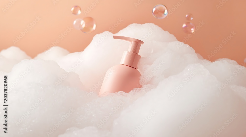 Fototapeta premium Pink lotion bottle surrounded by fluffy white foam and floating bubbles, skincare concept.