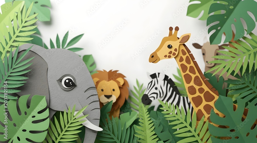Naklejka premium Diverse jungle wildlife emerging amidst vibrant green tropical foliage, creatively designed paper craft illustration, clear white backdrop, ideal commercial use.
