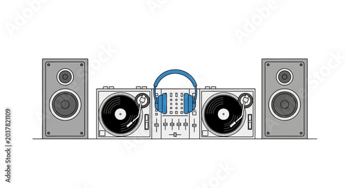 Schilderij op canvas DJ Turntables and Speakers with Headphones, Music Equipment Setup
