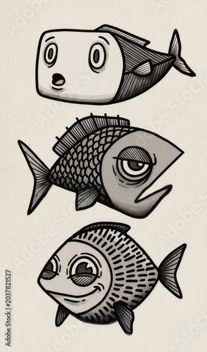 Quirky Cartoon Fish Mascot Character Set with Happy, Grumpy, and Surprised Expressions in Black and White Vintage Sketch Style