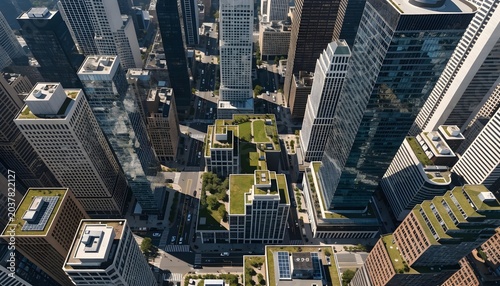 Aerial view of a dense urban cityscape with green rooftops