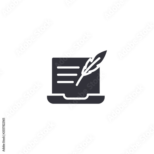 Computer content editing icon featuring monitor, document, and feather pen for copywriting.